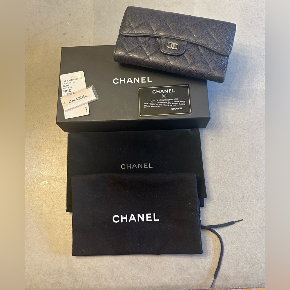 Authentic Chanel Caviar Wallet - Navy Blue with Silver Hardware